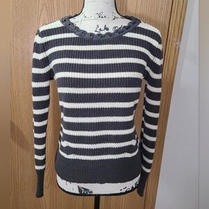 Project Naadam Striped Grommet Ring Neckline Open Back Knit Sweater
